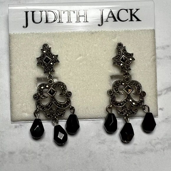 Vintage 1990 JUDITH JACK STERLING SILVER MARCASITE BLACK ONYX DANGLING EARRINGS - Picture 1 of 6